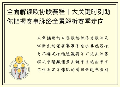全面解读欧协联赛程十大关键时刻助你把握赛事脉络全景解析赛季走向